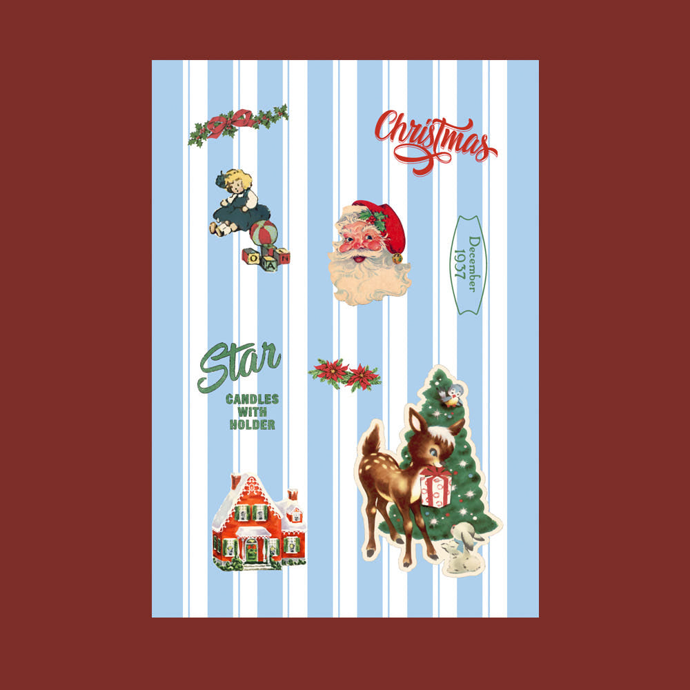 Vintage Christmas Illustration Sticker Sheet – Set of 45